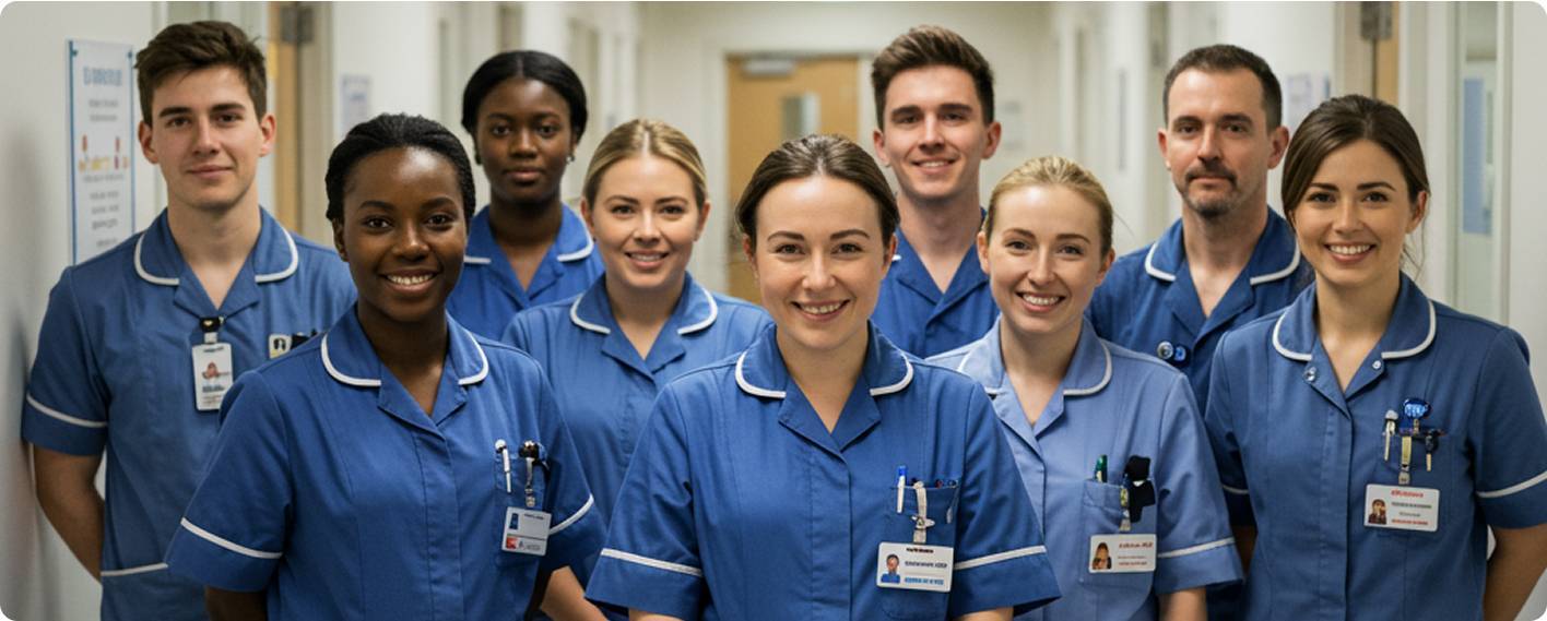 Group of nurses in blue uniform looking at camera