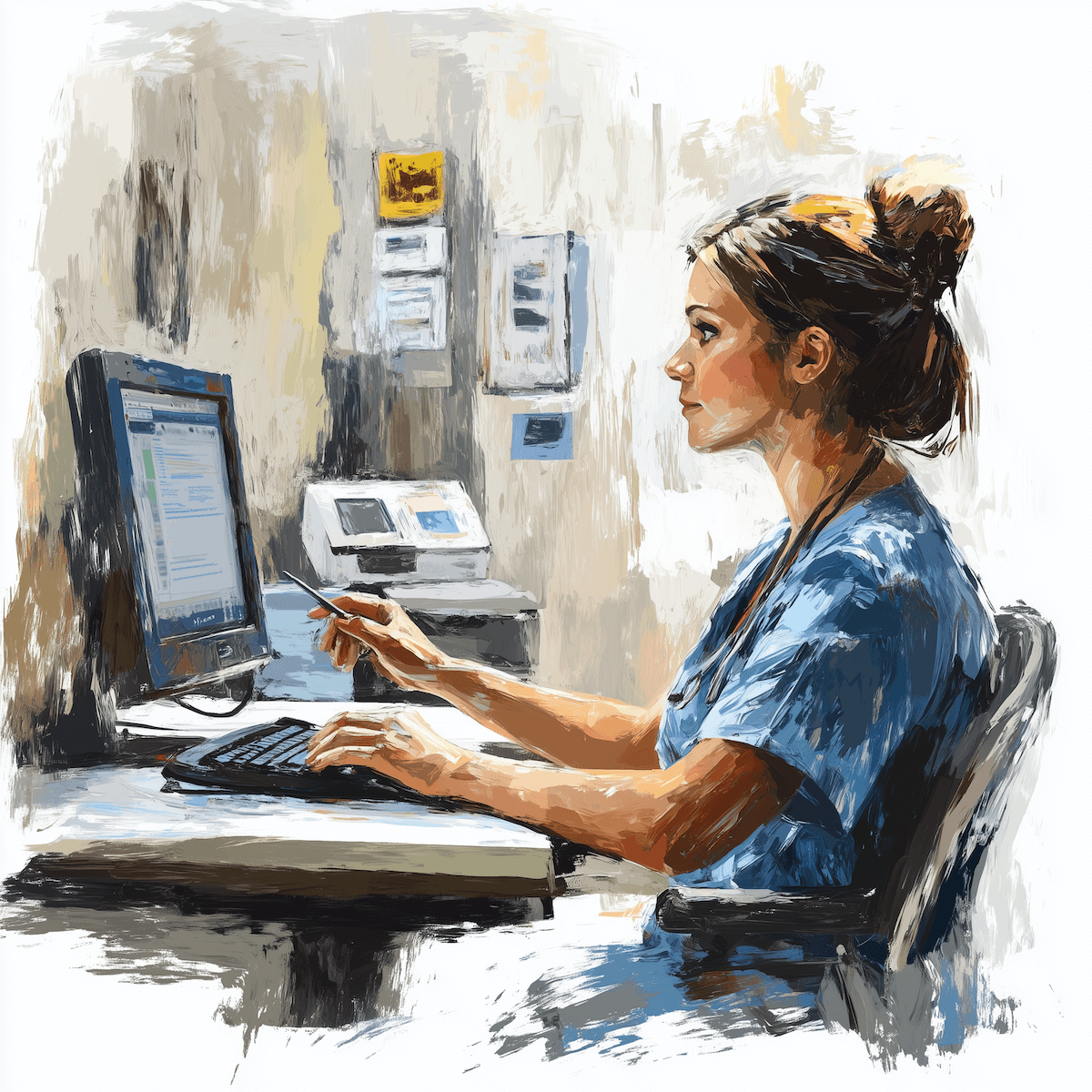 Oil painting of a nurse working on computer