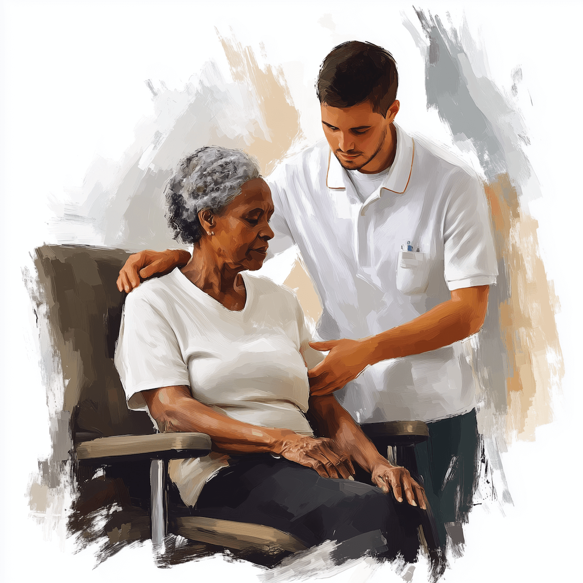 Oil painting of a seated women being supported by a nurse,