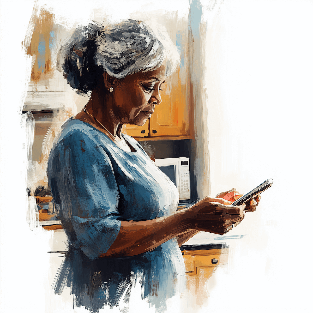 Oil painting of a women using a mobile phone in a kitchen