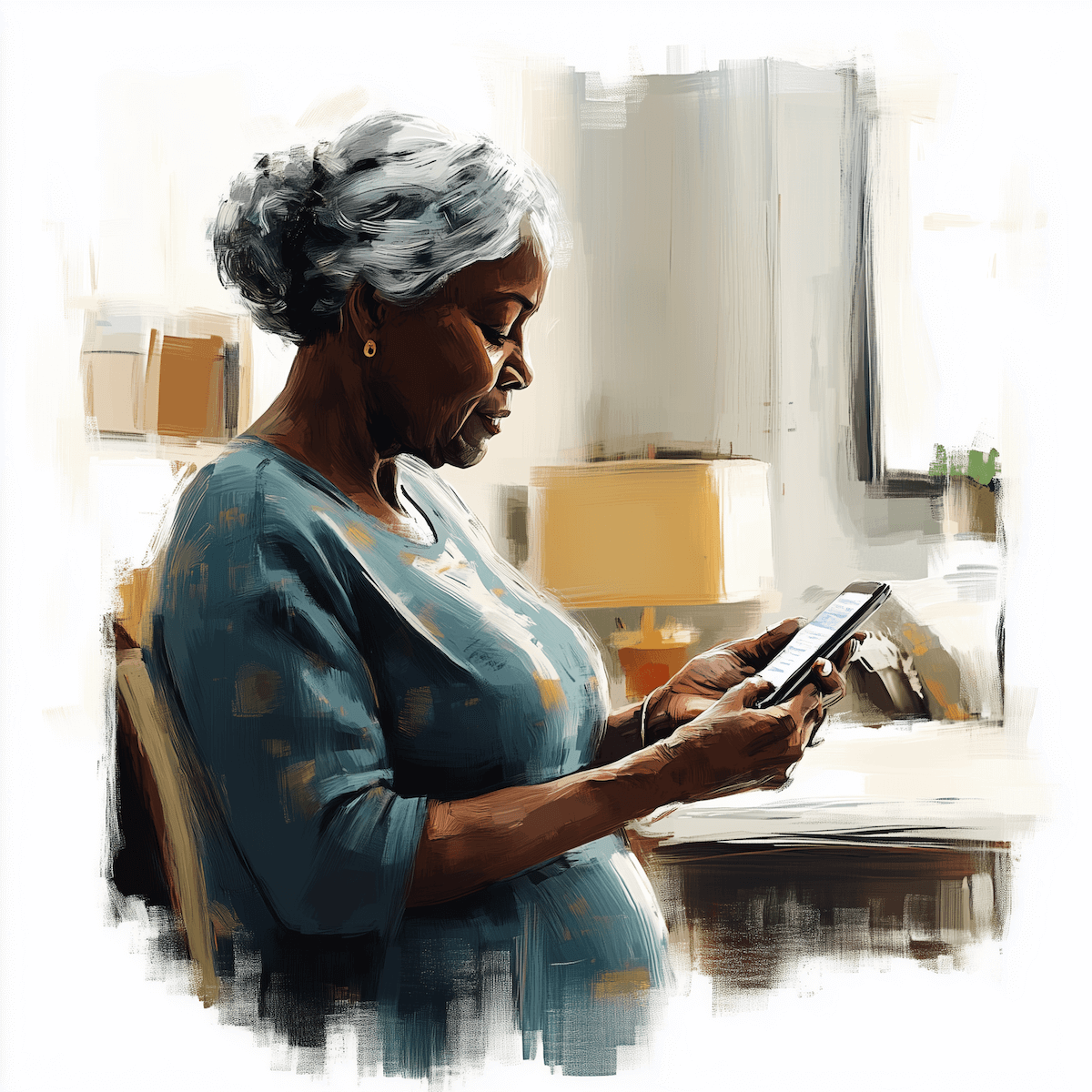 Oil painting of a women using a mobile phone