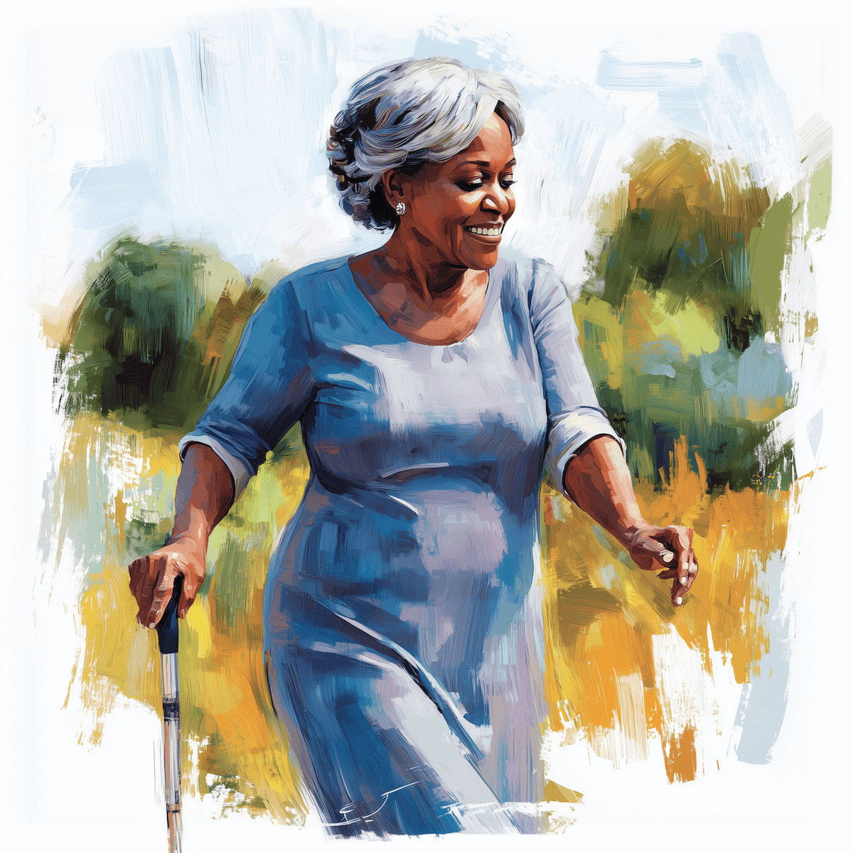 Oil painting of a women walking in a field